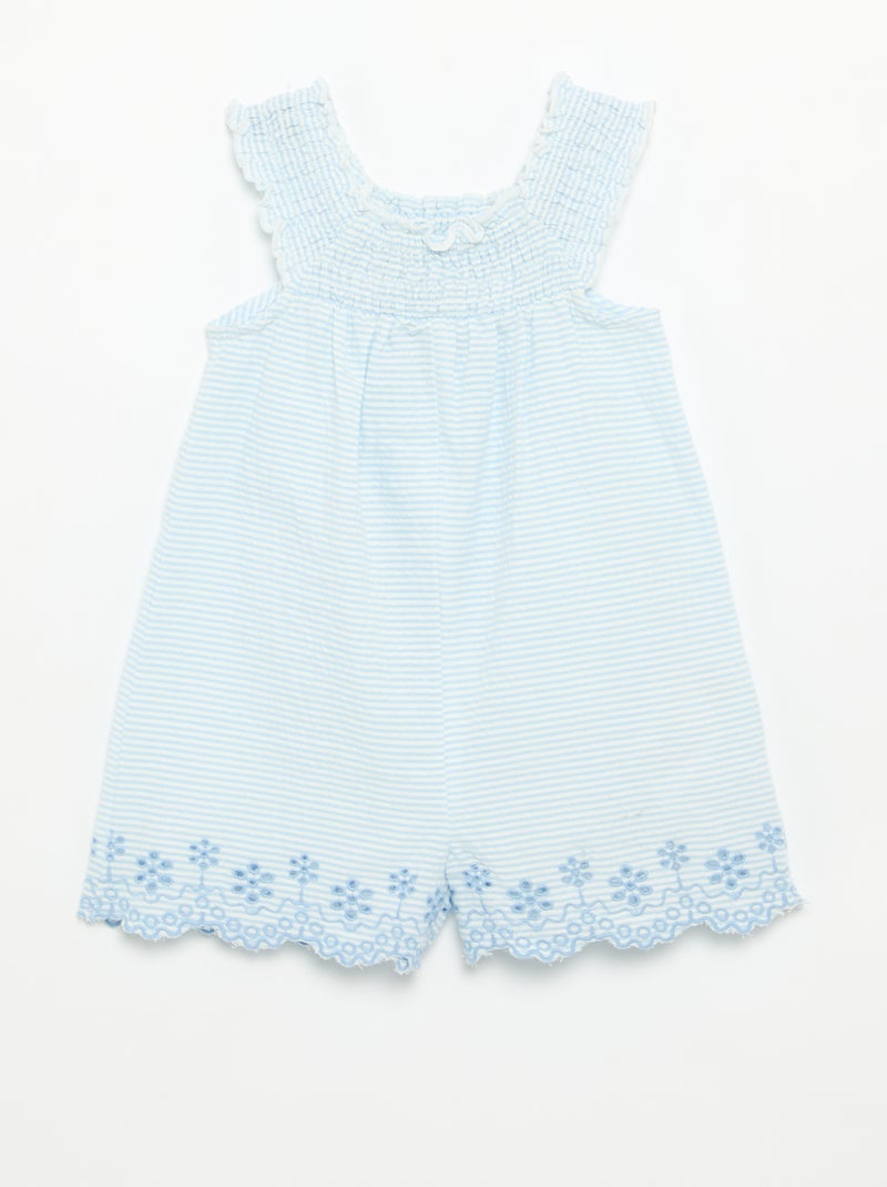 Combinaison short rayée en seersucker avec smock et broderies Bleu - Kiabi