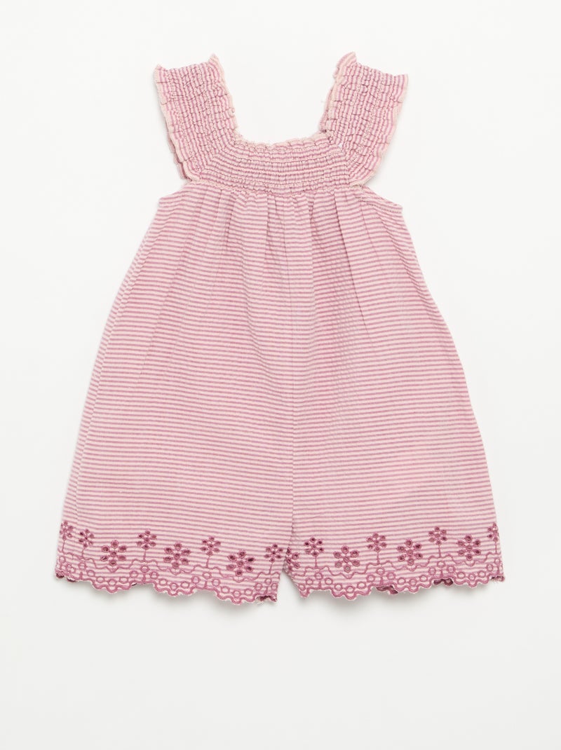Combinaison short rayée en seersucker avec smock et broderies Violet - Kiabi