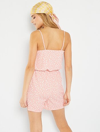 Combinaison En Mousseline De Soie Crème Imprimé Abstrait Froncée À