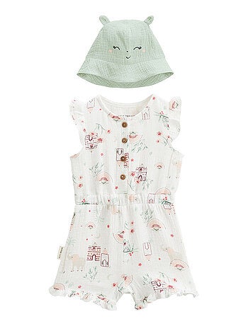 Combishort bébé + chapeau en gaze de coton Arya