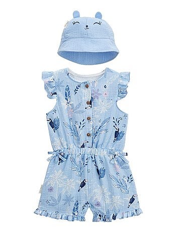 Combishort bébé + chapeau en gaze de coton bleue Bella Chica