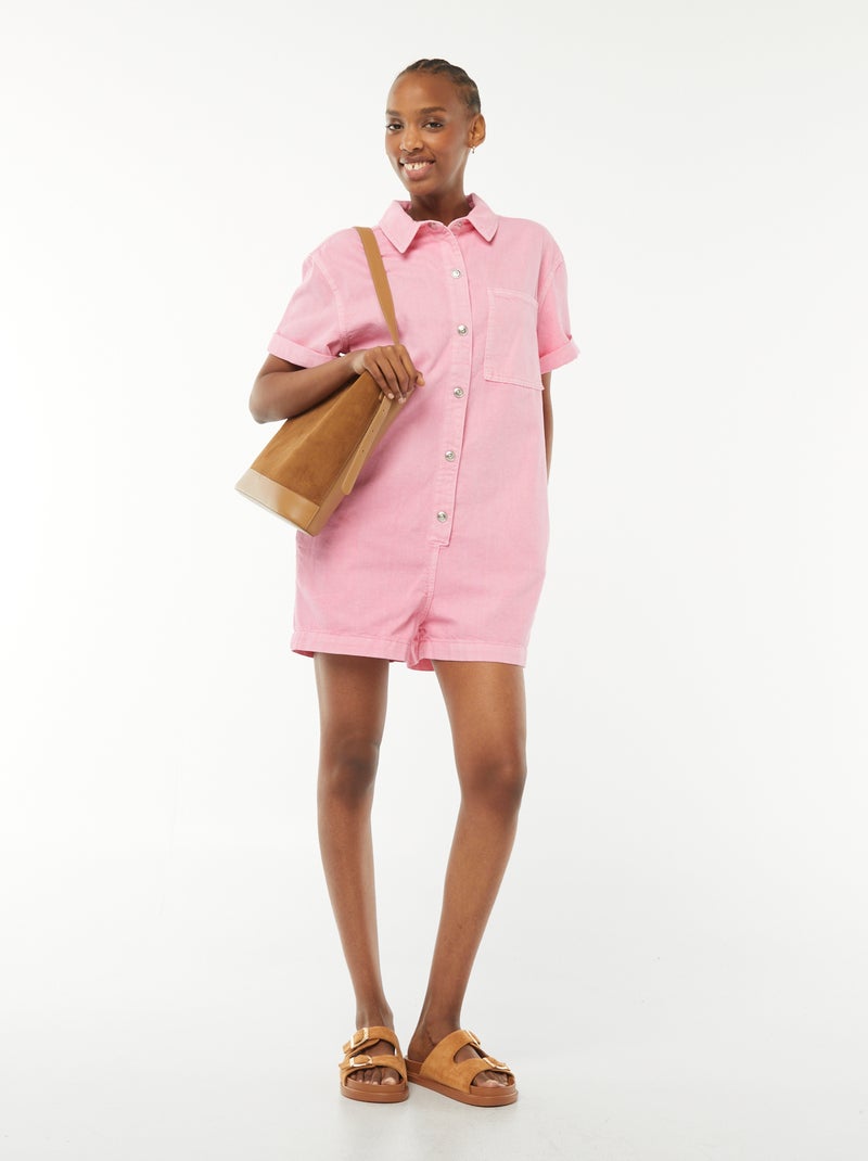 Combishort court en denim à pressions Rose - Kiabi