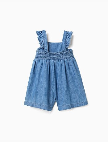 Combishort en jean à jambe large avec bretelles volantées