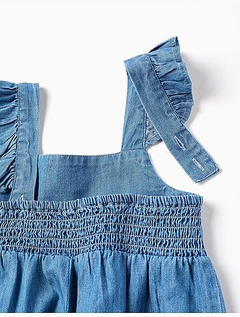 Combishort en jean à jambe large avec bretelles volantées