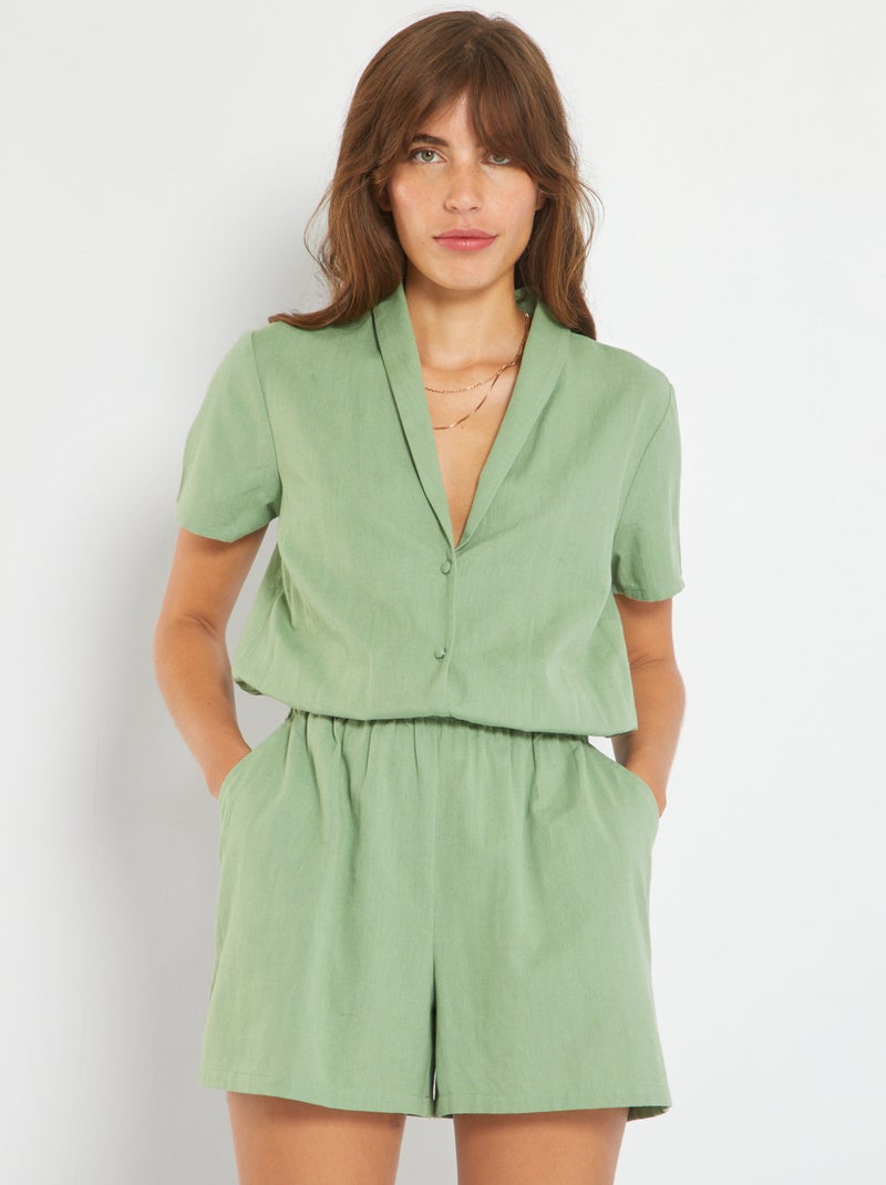 Combishort en lin col tailleur Vert - Kiabi