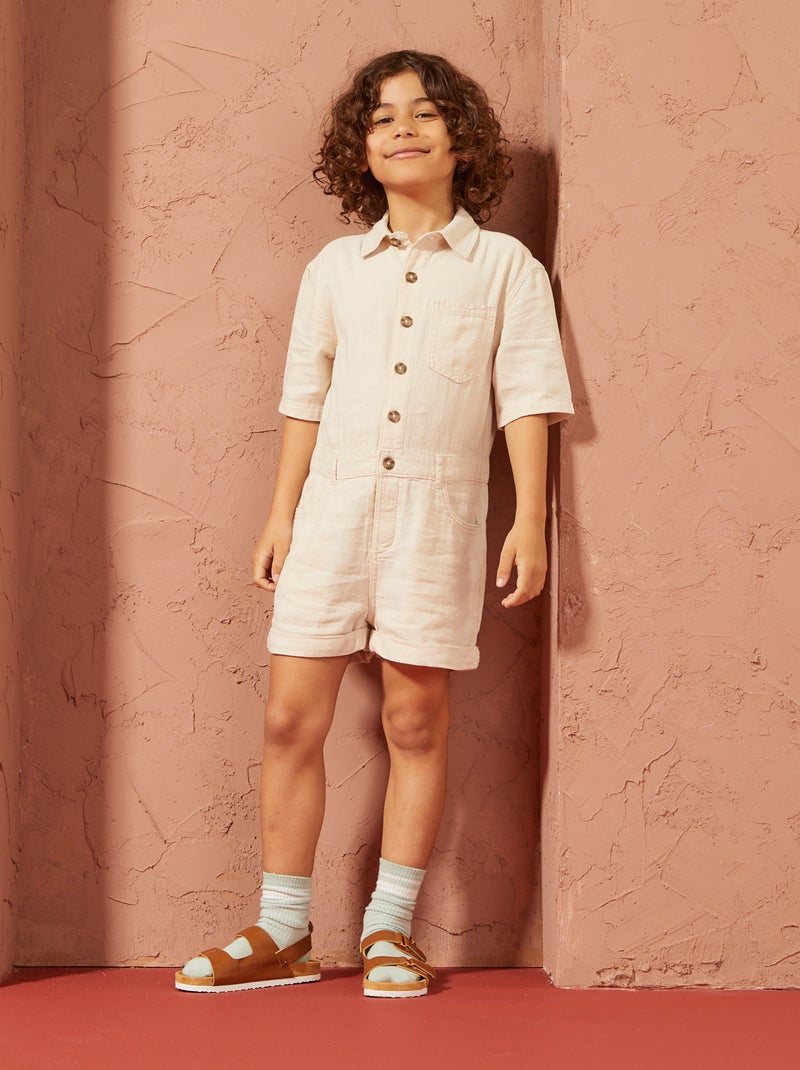 Combishort en lin mélangé à manches courtes - Mixte Beige - Kiabi