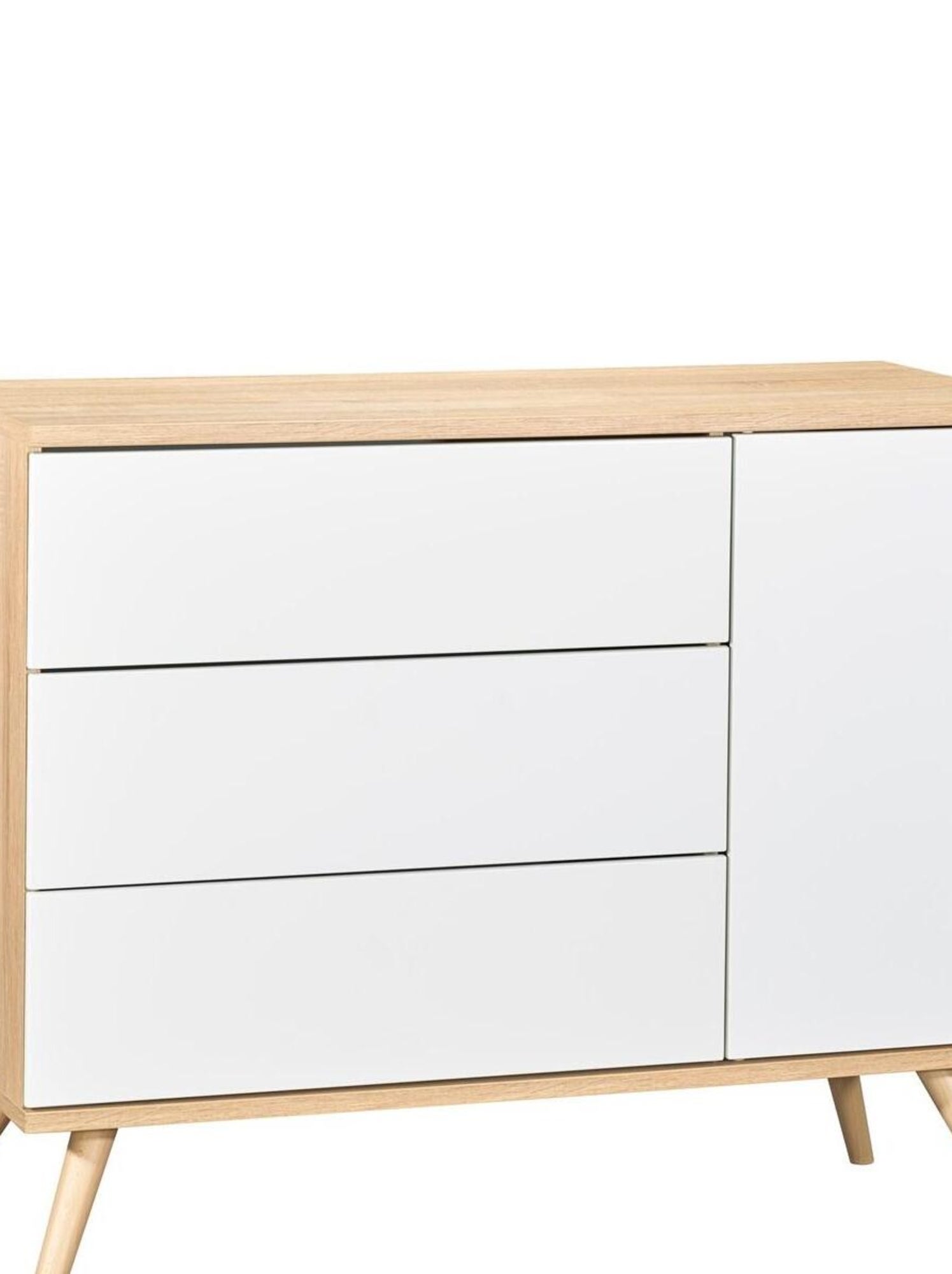 Commode 3 Tiroirs Et 1 Porte - Style Imitation Bois Chêne Mokka - Pieds En Hêtre - Design Chaleureux - 9