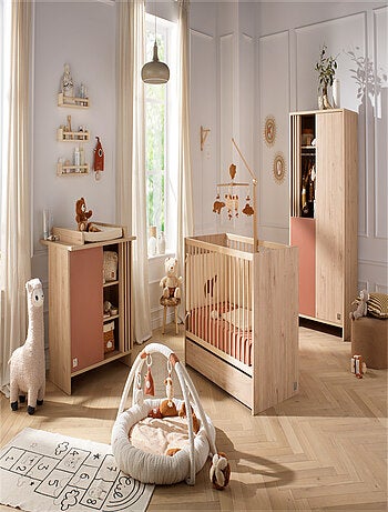 Commode 1 porte colorée et 3 niches avec claustra en bois décor chêne Suave - SAUTHON