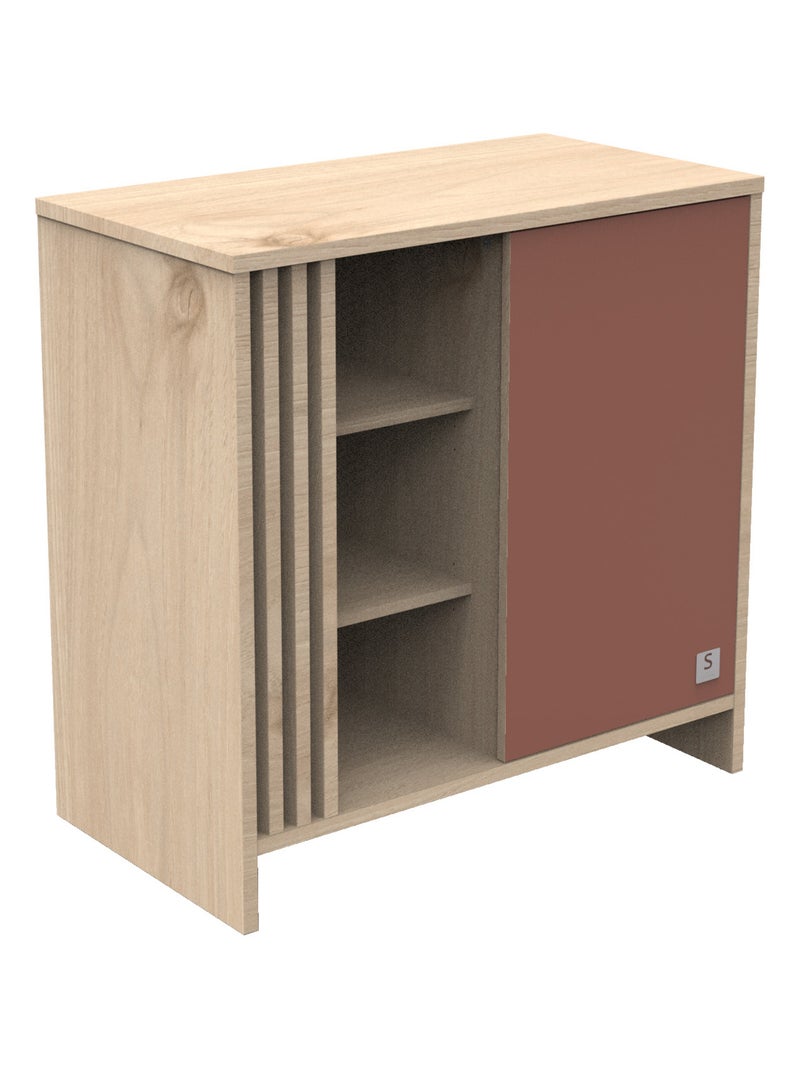 Commode 1 porte colorée et 3 niches avec claustra en bois décor chêne Suave - SAUTHON Rouge - Kiabi