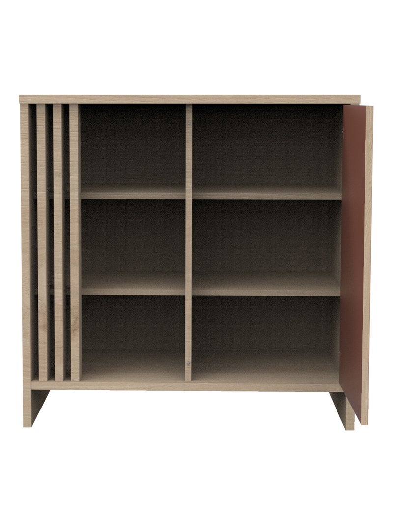 Commode 1 porte colorée et 3 niches avec claustra en bois décor chêne Suave - SAUTHON Rouge - Kiabi