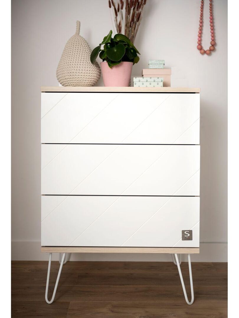 Commode 3 Tiroirs Et 1 Porte - Style Imitation Bois Chêne Mokka - Pieds En Hêtre - Design Chaleureux - 8