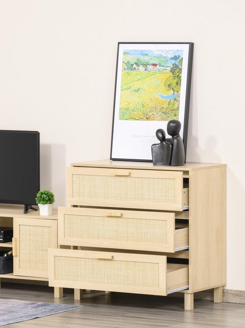 Commode 3 tiroirs cannage en rotin MDF aspect bois clair - Kiabi