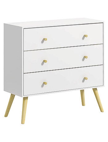 Commode 3 tiroirs design scandinave bois pin panneaux blanc