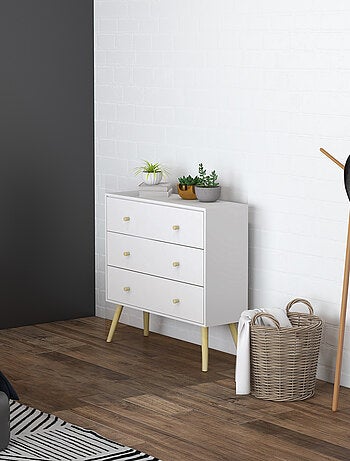 Commode 3 tiroirs design scandinave bois pin panneaux blanc