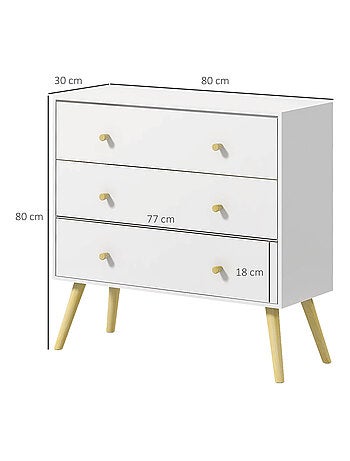 Commode 3 tiroirs design scandinave bois pin panneaux blanc