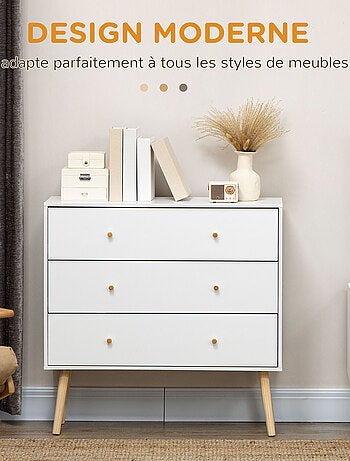 Commode 3 tiroirs design scandinave bois pin panneaux blanc
