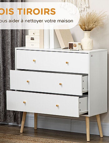 Commode 3 tiroirs design scandinave bois pin panneaux blanc