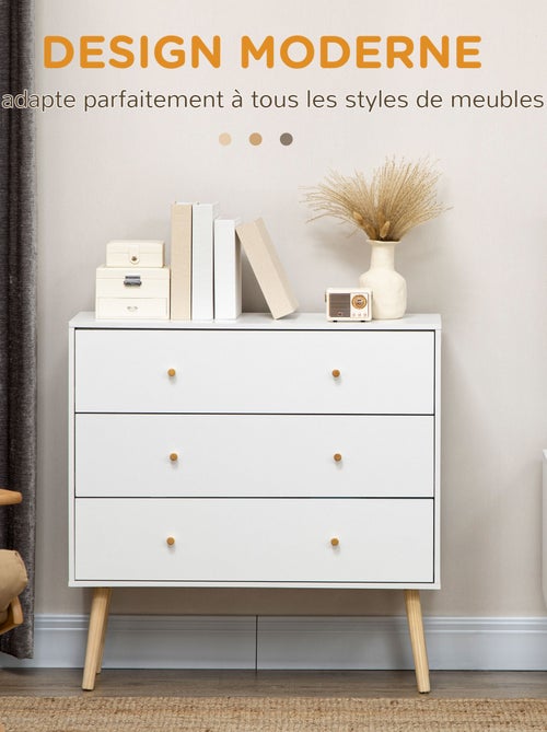 Commode 3 tiroirs design scandinave bois pin panneaux blanc - Kiabi