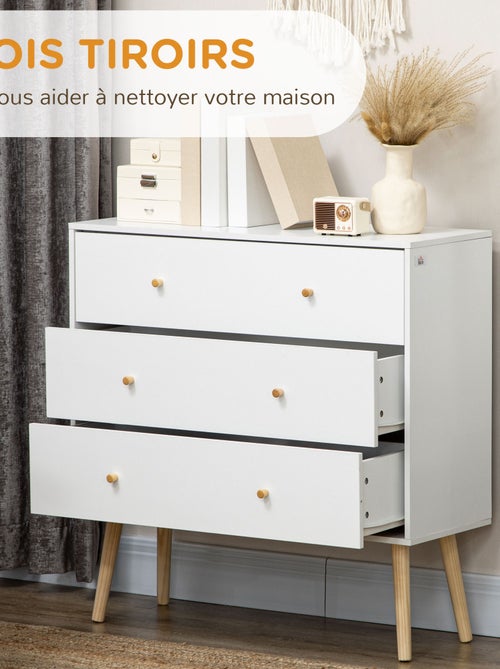 Commode 3 tiroirs design scandinave bois pin panneaux blanc - Kiabi