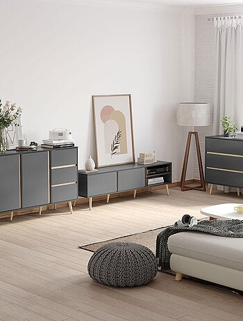 Commode 3 tiroirs design scandinave gris aspect bois clair