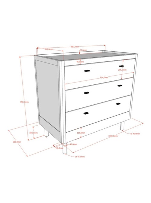 Commode 3 tiroirs en hêtre massif AUBANE - Kiabi
