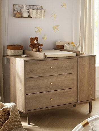 Commode 3 tiroirs et 1 porte avec détail imitation bois texturé et pieds bois - SAUTHON
