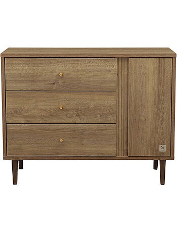 Commode 3 tiroirs et 1 porte avec détail imitation bois texturé et pieds bois - SAUTHON