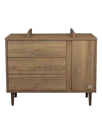 Commode 3 tiroirs et 1 porte avec détail imitation bois texturé et pieds bois - SAUTHON