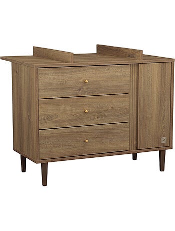 Commode 3 tiroirs et 1 porte avec détail imitation bois texturé et pieds bois - SAUTHON