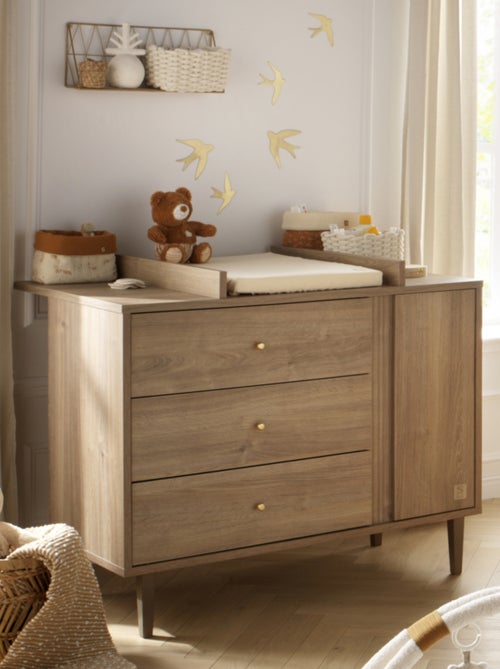 Commode 3 tiroirs et 1 porte avec détail imitation bois texturé et pieds bois - SAUTHON - Kiabi