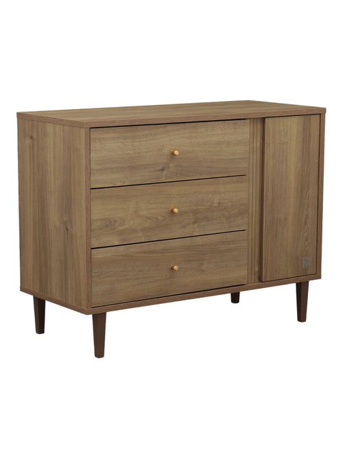 Commode 3 tiroirs et 1 porte avec détail imitation bois texturé et pieds bois - SAUTHON - Kiabi
