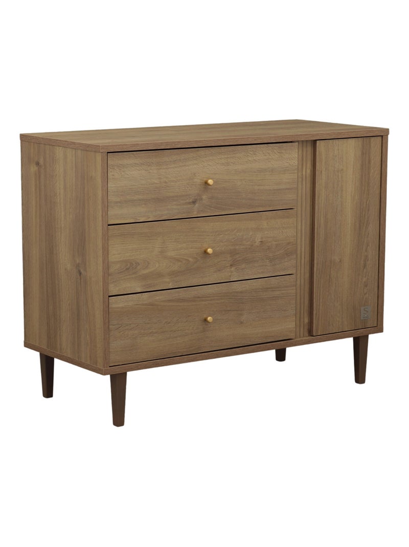 Commode 3 tiroirs et 1 porte avec détail imitation bois texturé et pieds bois - SAUTHON Marron - Kiabi