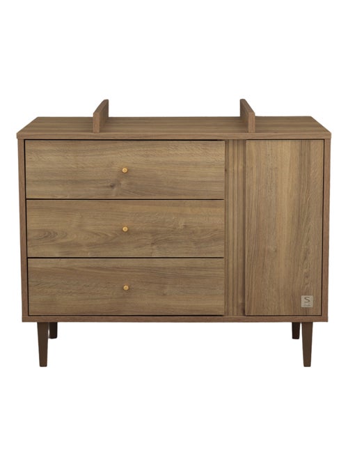 Commode 3 tiroirs et 1 porte avec détail imitation bois texturé et pieds bois - SAUTHON - Kiabi