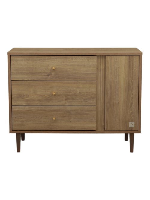 Commode 3 tiroirs et 1 porte avec détail imitation bois texturé et pieds bois - SAUTHON - Kiabi