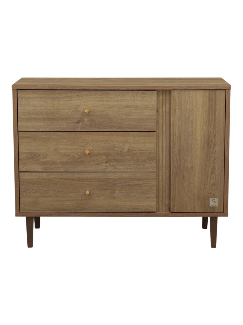 Commode 3 tiroirs et 1 porte avec détail imitation bois texturé et pieds bois - SAUTHON Marron - Kiabi