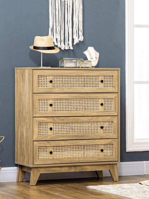 Commode 4 tiroirs style bohème rotin aspect bois manguier - Kiabi