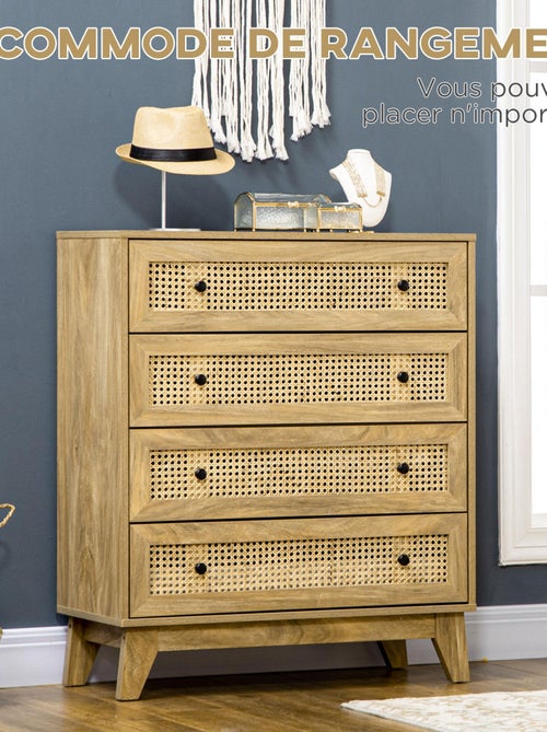 Commode 4 tiroirs style bohème rotin aspect bois manguier - Kiabi