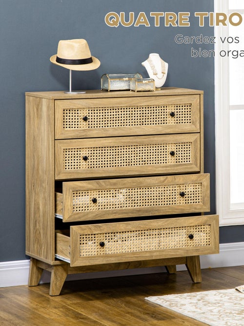 Commode 4 tiroirs style bohème rotin aspect bois manguier - Kiabi