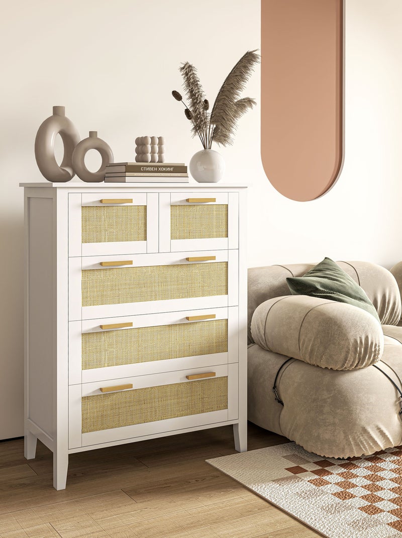 Commode 5 tiroirs cannage en rotin MDF blanc bois de pin Blanc Blanc - Kiabi