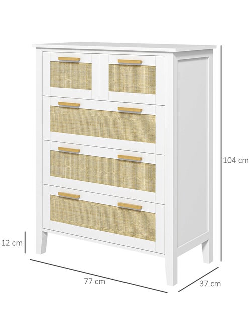 Commode 5 tiroirs cannage en rotin MDF blanc bois de pin - Kiabi