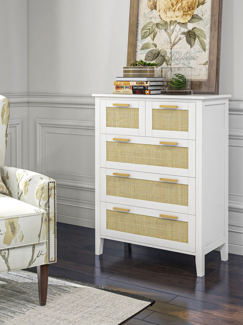 Commode 5 tiroirs cannage en rotin MDF blanc bois de pin Blanc Blanc - Kiabi