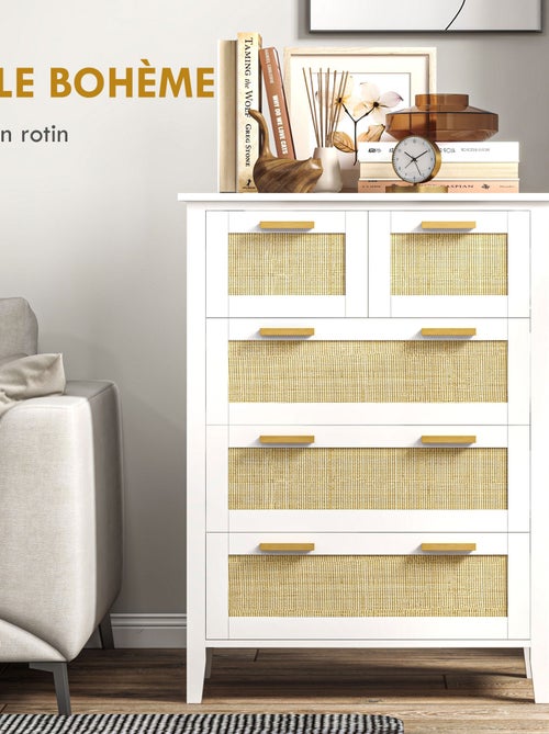 Commode 5 tiroirs cannage en rotin MDF blanc bois de pin - Kiabi