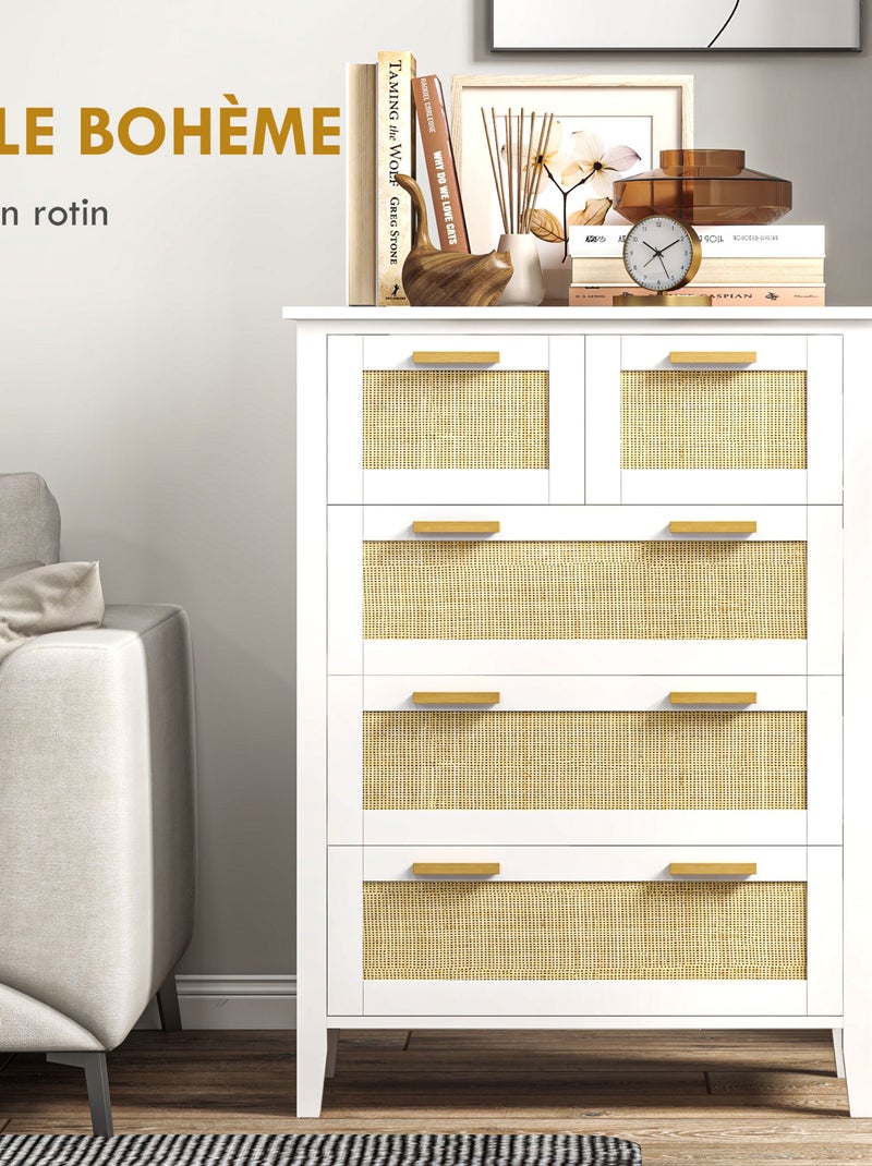 Commode 5 tiroirs cannage en rotin MDF blanc bois de pin Blanc Blanc - Kiabi