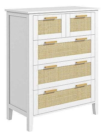 Commode 5 tiroirs cannage en rotin MDF blanc bois de pin