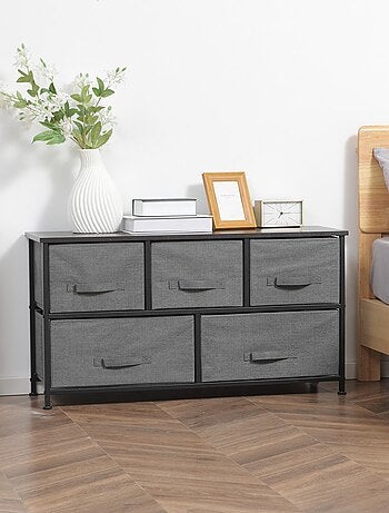 Commode 5 tiroirs non-tissés anthracite métal noir plateau MDF aspect bois