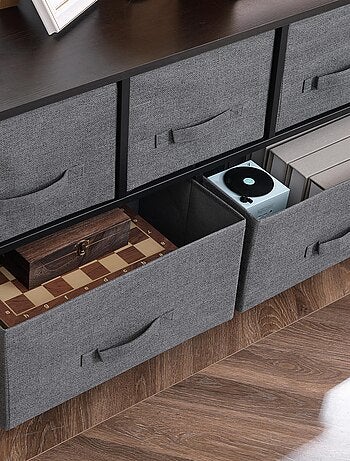 Commode 5 tiroirs non-tissés anthracite métal noir plateau MDF aspect bois