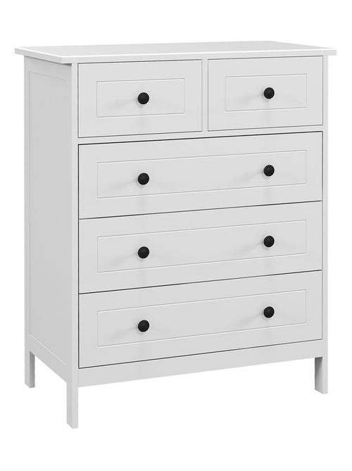 Commode 5 tiroirs poignées boutons métal noir MDF panneaux blanc - Kiabi