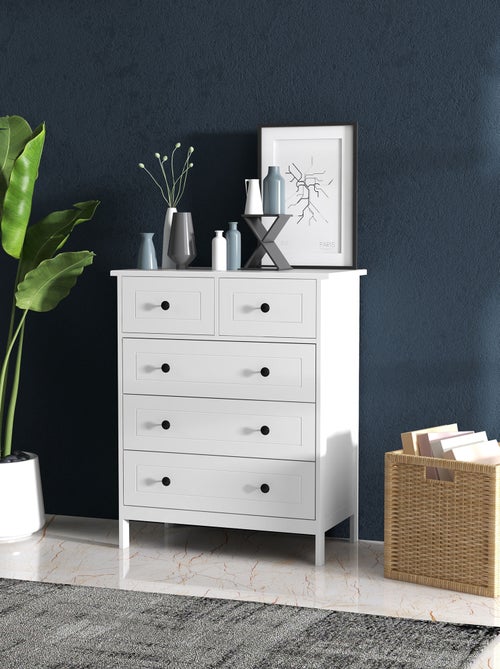 Commode 5 tiroirs poignées boutons métal noir MDF panneaux blanc - Kiabi