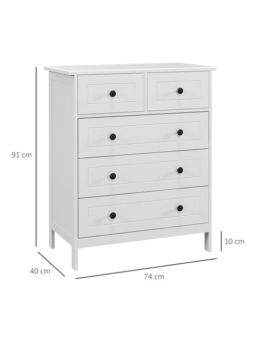Commode 5 tiroirs poignées boutons métal noir MDF panneaux blanc - Kiabi