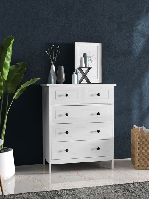 Commode 5 tiroirs poignées boutons métal noir MDF panneaux blanc - Kiabi